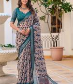 green cotton blend saree floral print