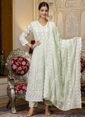 Pastel green chikankari embroidered anarkali suit set with dupatta 1