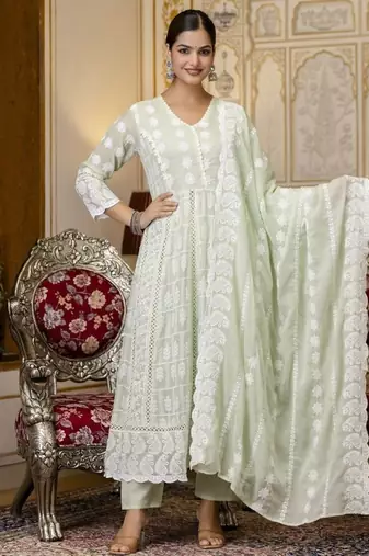 Pastel green chikankari embroidered anarkali suit set with dupatta