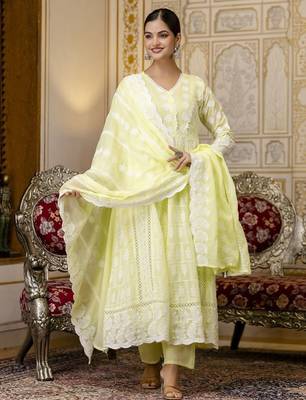 Yellow chikankari embroidered anarkali suit set with dupatta 1