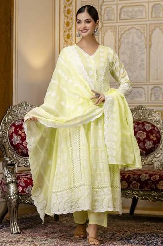 Yellow chikankari embroidered anarkali suit set with dupatta
