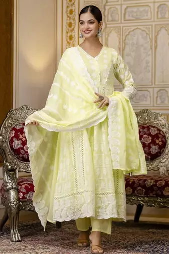 Yellow chikankari embroidered anarkali suit set with dupatta