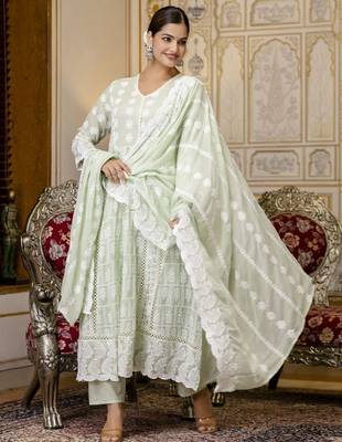 Pastel green chikankari embroidered anarkali suit set with dupatta 2