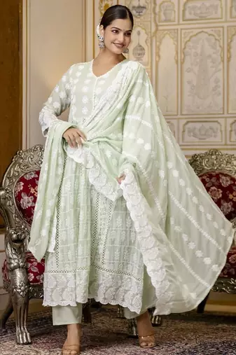 Pastel green chikankari embroidered anarkali suit set with dupatta