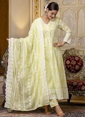 Yellow chikankari embroidered anarkali suit set with dupatta 2