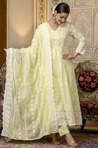 Yellow chikankari embroidered anarkali suit set with dupatta