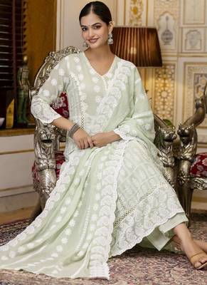 Pastel green chikankari embroidered anarkali suit set with dupatta 3