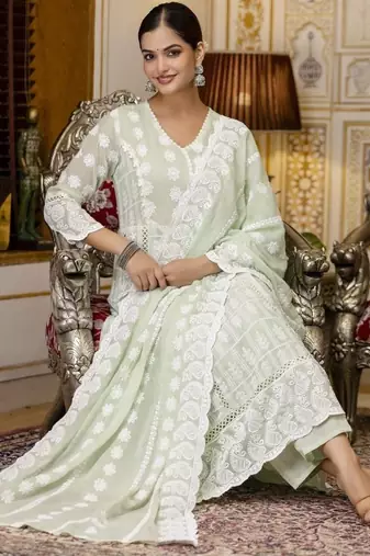Pastel green chikankari embroidered anarkali suit set with dupatta