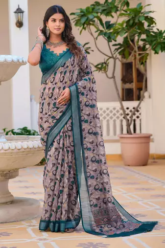 green cotton blend saree floral print