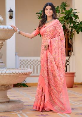 peach cotton blend saree floral print 2