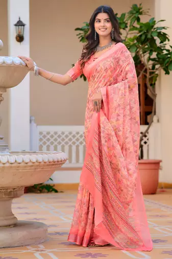 peach cotton blend saree floral print