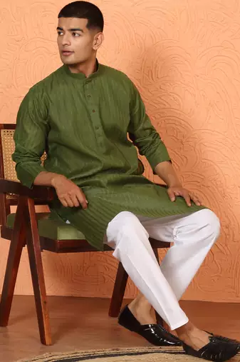 Cotton stripe knee length olive green kurta