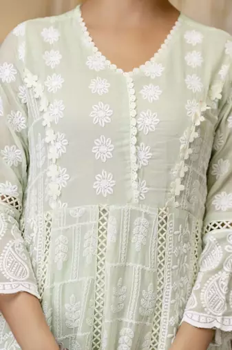 Pastel green chikankari embroidered anarkali suit set with dupatta