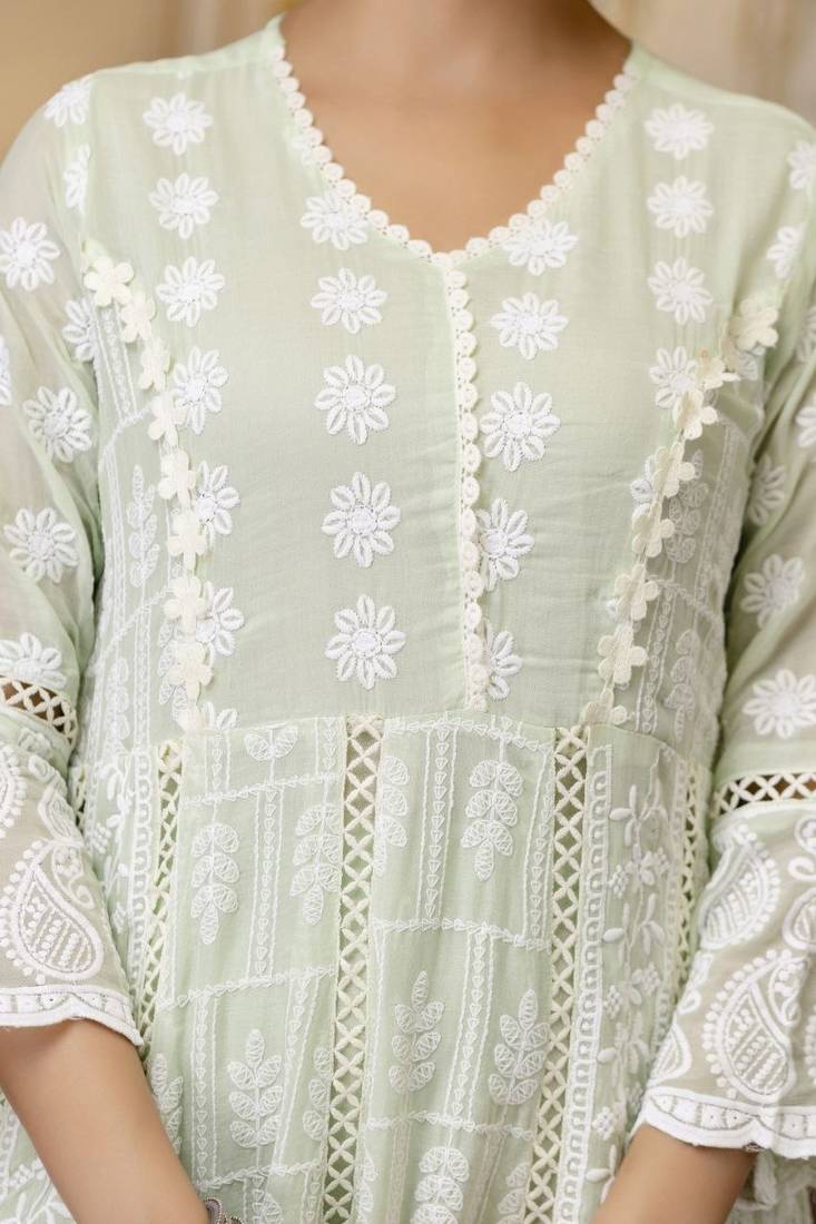 Pastel green chikankari embroidered anarkali suit set with dupatta
