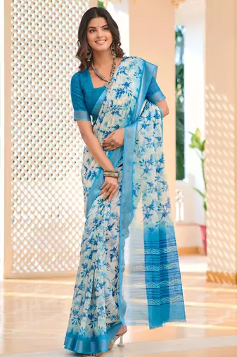 blue cotton blend saree with floral print (sfcl531)