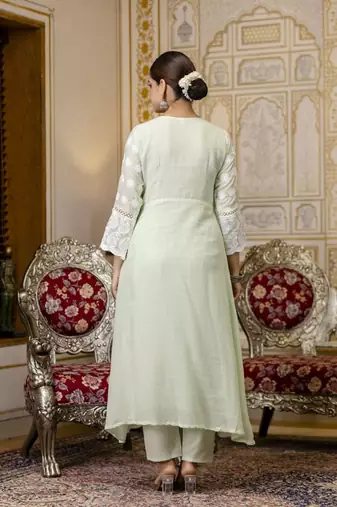 Pastel green chikankari embroidered anarkali suit set with dupatta