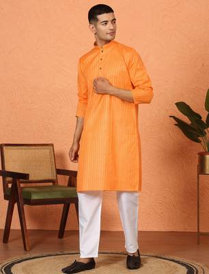 Cotton stripe knee length orange kurta 1