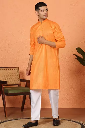 Cotton stripe knee length orange kurta
