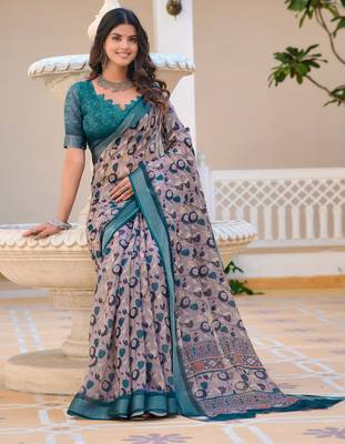 green cotton blend saree floral print 3