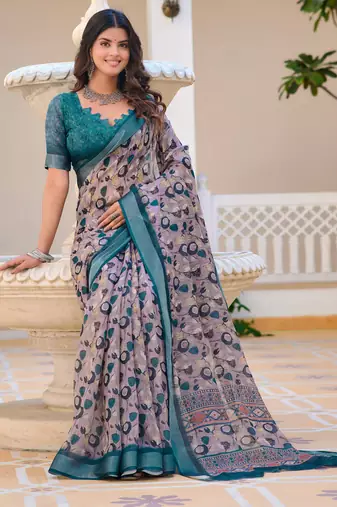 green cotton blend saree floral print