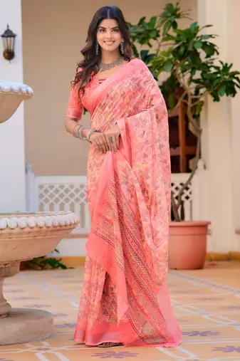 peach cotton blend saree floral print
