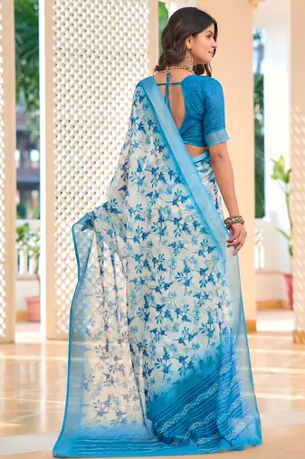 blue cotton blend saree with floral print (sfcl531)
