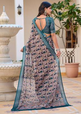 green cotton blend saree floral print 4