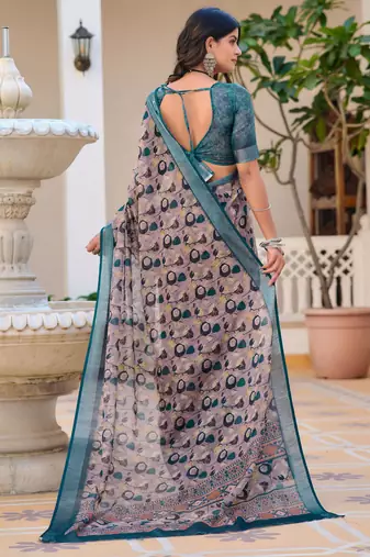 green cotton blend saree floral print
