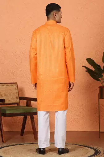 Cotton stripe knee length orange kurta