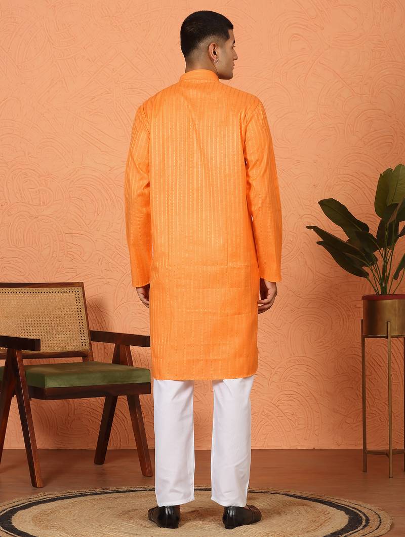 Cotton stripe knee length orange kurta