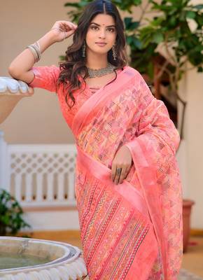 peach cotton blend saree floral print 5