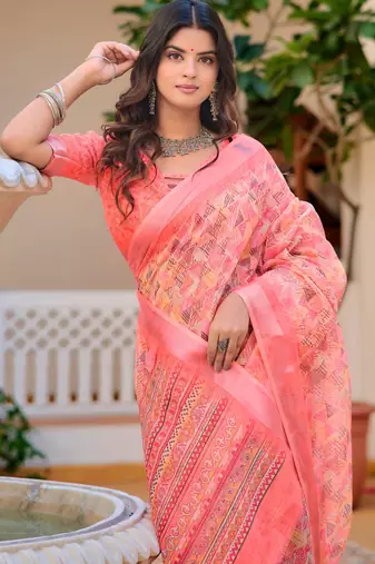 peach cotton blend saree floral print