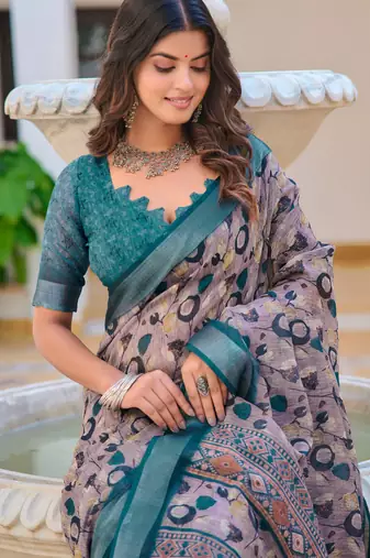 green cotton blend saree floral print
