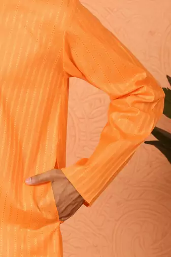 Cotton stripe knee length orange kurta