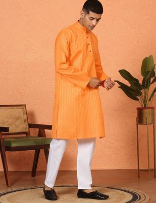 Cotton stripe knee length orange kurta 5