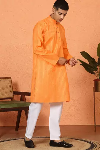 Cotton stripe knee length orange kurta