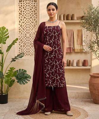 Wine embroidered sharara suit set with dupatta 1