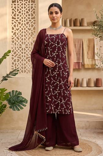Wine embroidered sharara suit set with dupatta