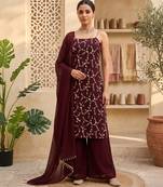 Wine embroidered sharara suit set with dupatta
