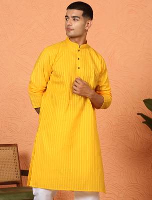 Cotton stripe knee length yellow kurta 1