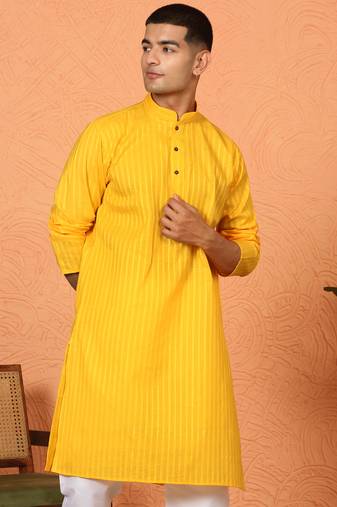 Cotton stripe knee length yellow kurta