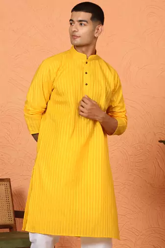 Cotton stripe knee length yellow kurta
