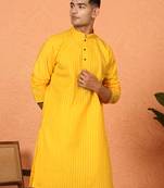 Cotton stripe knee length yellow kurta