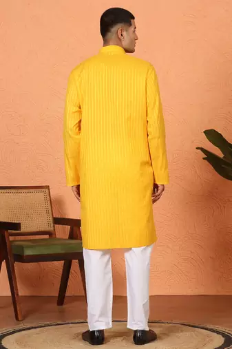 Cotton stripe knee length yellow kurta