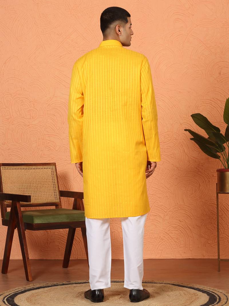 Cotton stripe knee length yellow kurta