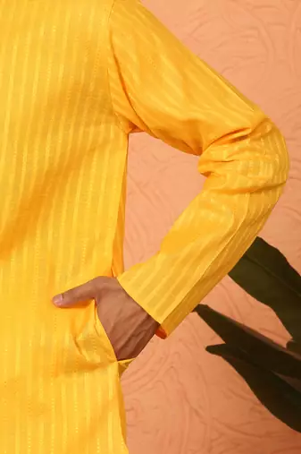 Cotton stripe knee length yellow kurta
