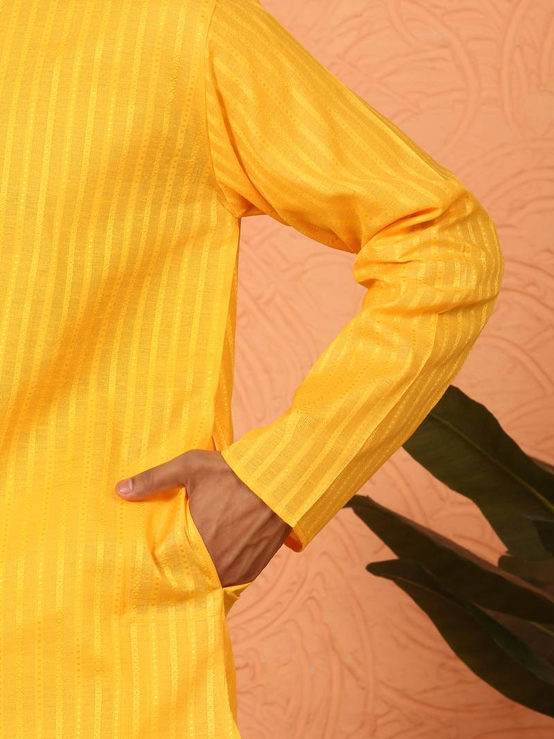 Cotton stripe knee length yellow kurta