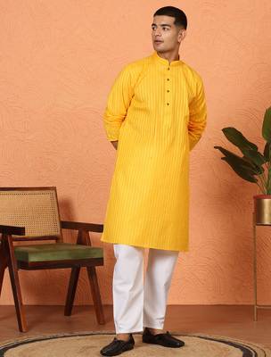 Cotton stripe knee length yellow kurta 5