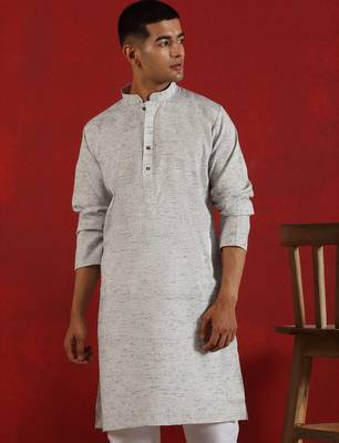 Khadi cotton solid knee length grey kurta 1
