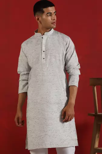 Khadi cotton solid knee length grey kurta